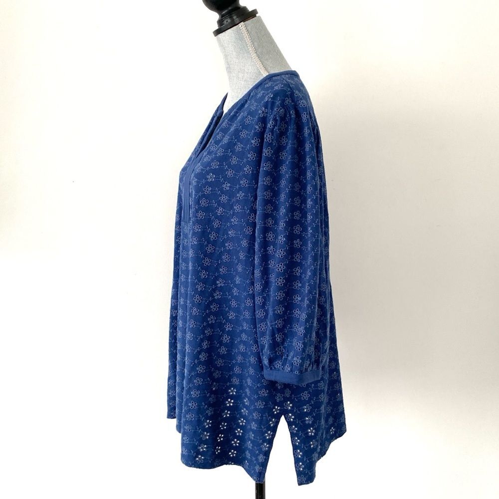 Rare J. Jill Deep Indigo Blue Eyelet Tunic XL Balloon 3/4 Sleeves Coastal Boho - Picture 5 of 10